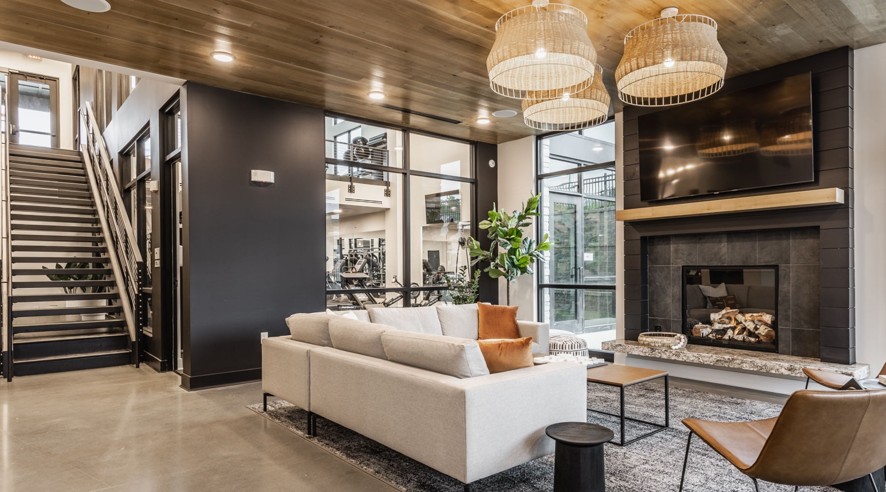 resident lounge with sofa and ample lighting