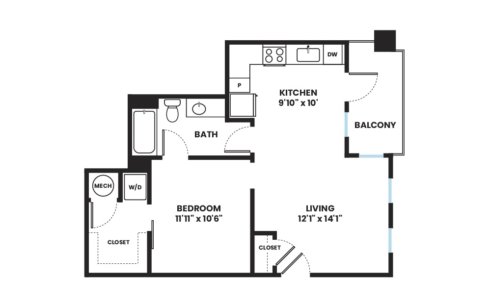 Core - 1 bedroom floorplan layout with 1 bath and 656 square feet.