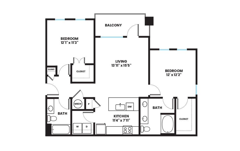Barrio - 2 bedroom floorplan layout with 2 baths and 1083 square feet.