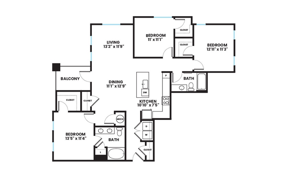 Centre - 3 bedroom floorplan layout with 2 baths and 1429 square feet.